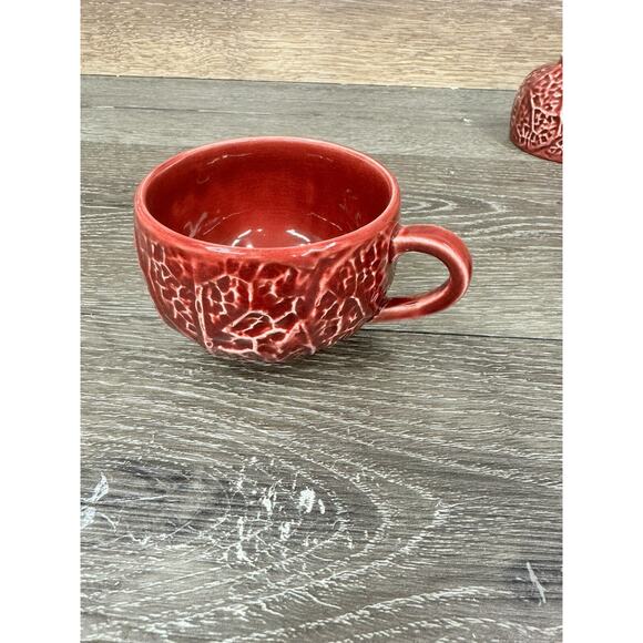 1950s Secla Majolica Portugal Secla Deep Red Cabbage Leaf Cup & Saucer Set Of 2 - Picture 11 of 11
